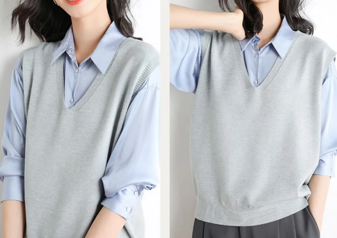 Pull sans manches pour femme, pull en laine mélangée pour femme, décontracté, couleur unie, col en V, débardeur tricoté doux