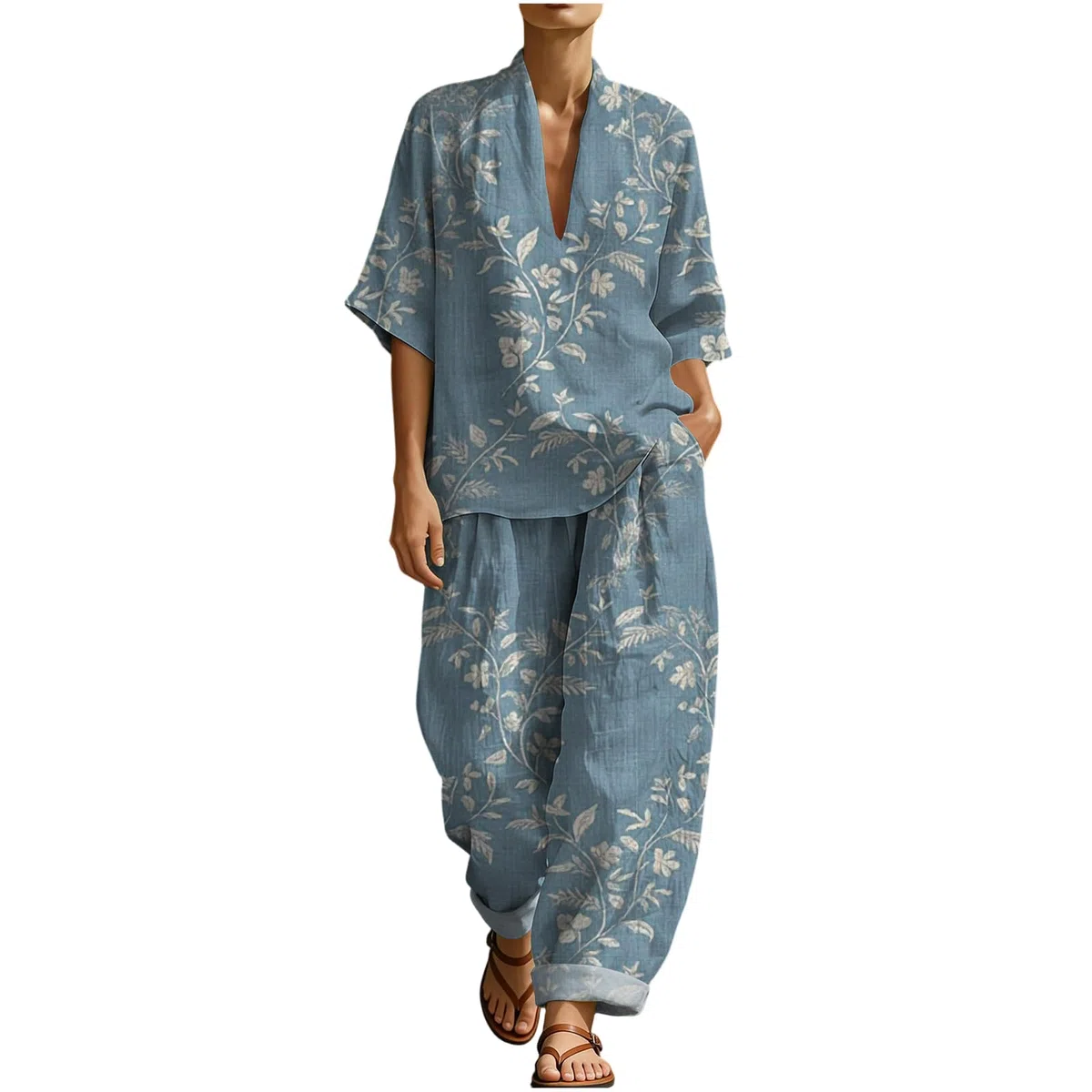 Ensemble Femme Chic et Elegant en Lin Coton - 2 Pièces Décontracté Haut Col en V et Pantalon Large à Imprimé Vetement Femme Été Respirant Leger pour Vacances Loungewear
