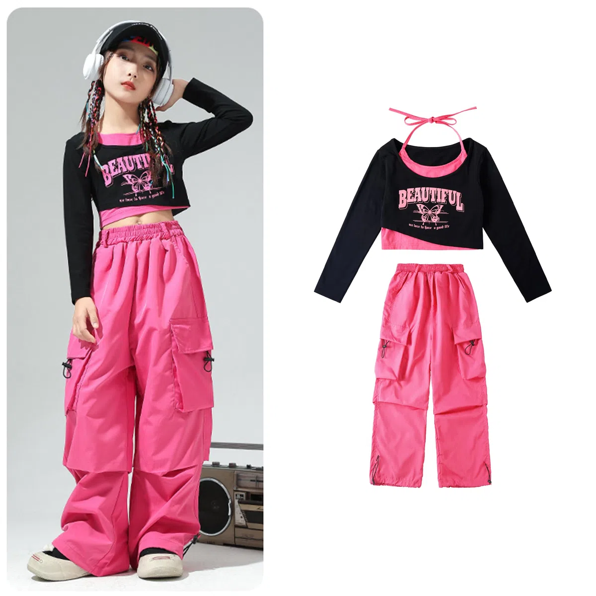 LOLANTA Ensemble Hip Hop Fille, Haut Court Imprimé & Pantalon Cargo, Tenue de Danse Tendance, Streetwear