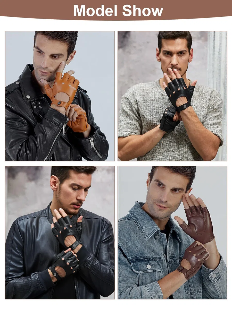 GSG SINCE 1998 Gants Sans Doigts en Cuir Véritable pour Homme Sans Doublure Demi-Doigts Dants de Conduite M161078