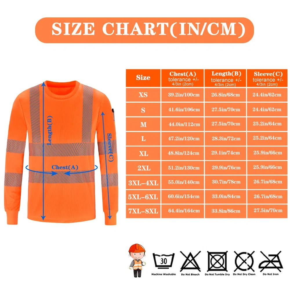 Tee Shirt de Travail microporeux Haute-visibilité T Shirt de Protection de sécurité Manches Longues avec Avertissement(XS-8XL)