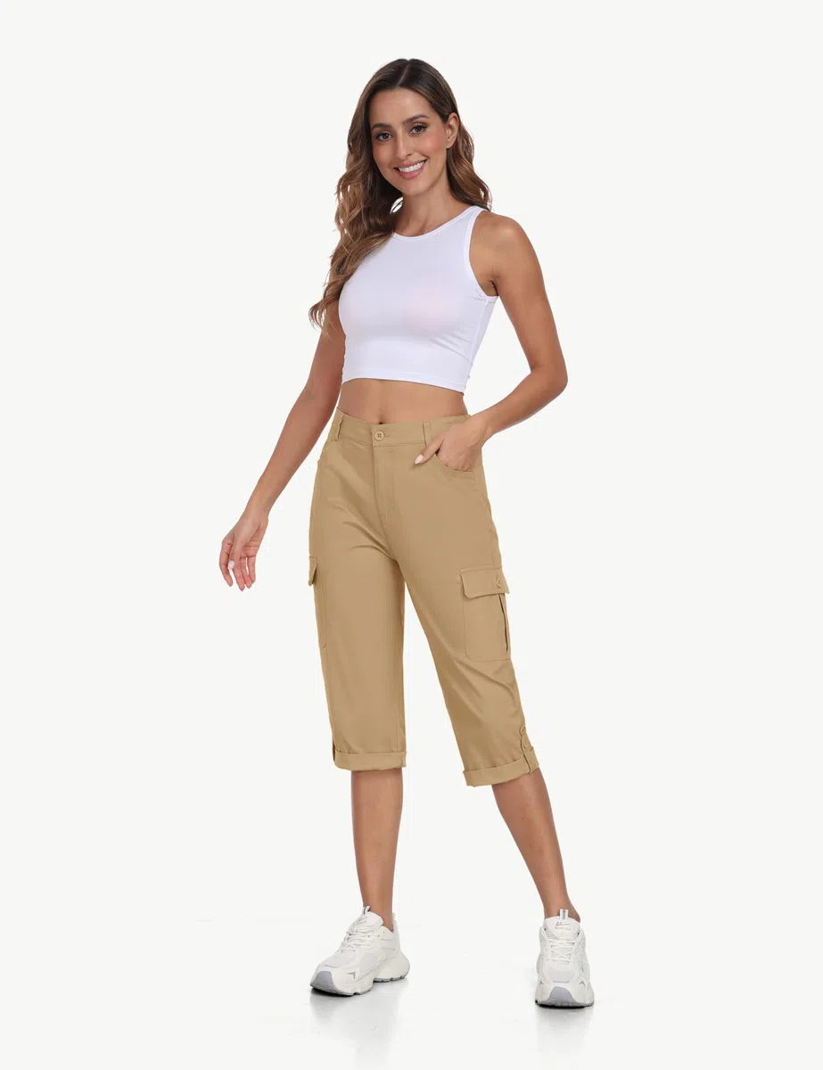 MoFiz Femme Cargo Pantalon Cotton Randonnée Capri Pants Taille Elastique Trekking Pantalon avec Poches