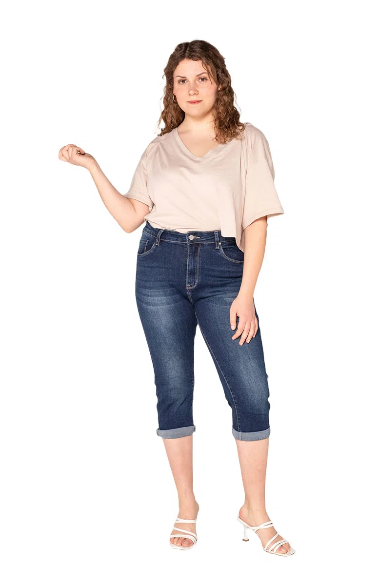 Nina Carter P200 Jean Capri Femme Grande Taille Stretch Taille Haute Jean 3/4 Style Décontracté Usé Pantacourt d'Été Élastique