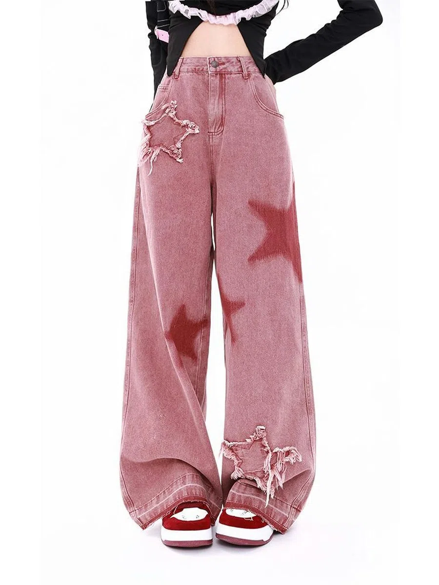 Automne Rose Jeans Femme High Street Rétro Étoile Brodé Doux Fille Style Pantalon Lâche Mode Pantalon Large Femme 2023-Rouge Rouille-M