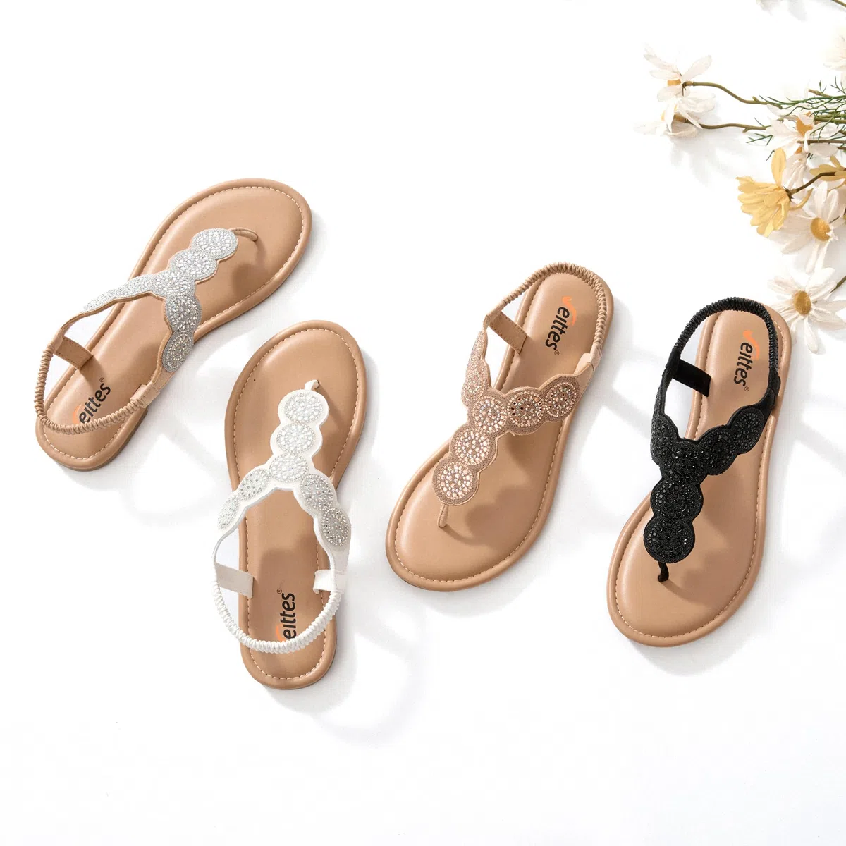 Veittes sandales boho plates pour femmes -Sandales élégantes et confortables à bride élastique arrière, à sabot ouvert sandales tong d’été avec strass et sangle de cheville