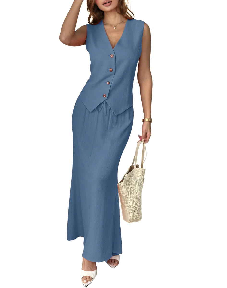 Fakanhui Tenue 2 pièces en lin pour femme avec jupe longue, gilet, gilet, costume d'affaires, décontracté, vacances d'été