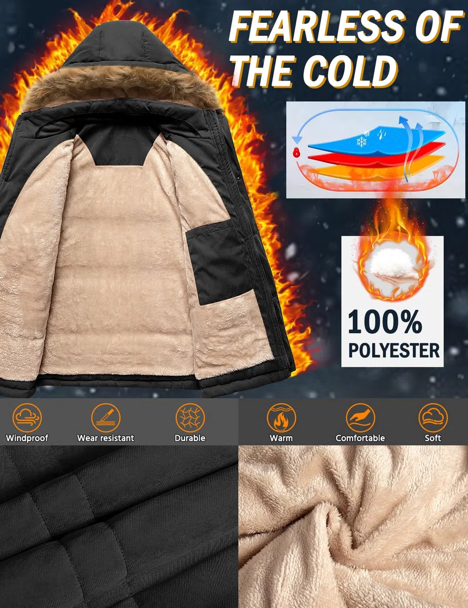 Homme Manteau D'hiver Veste Chaude Blouson À Capuche Fausse Fourrure Amovible Jacket Doublure Polaire D'extérieur Winter Décontractée Résistant Epaissé Avec Poches Coa