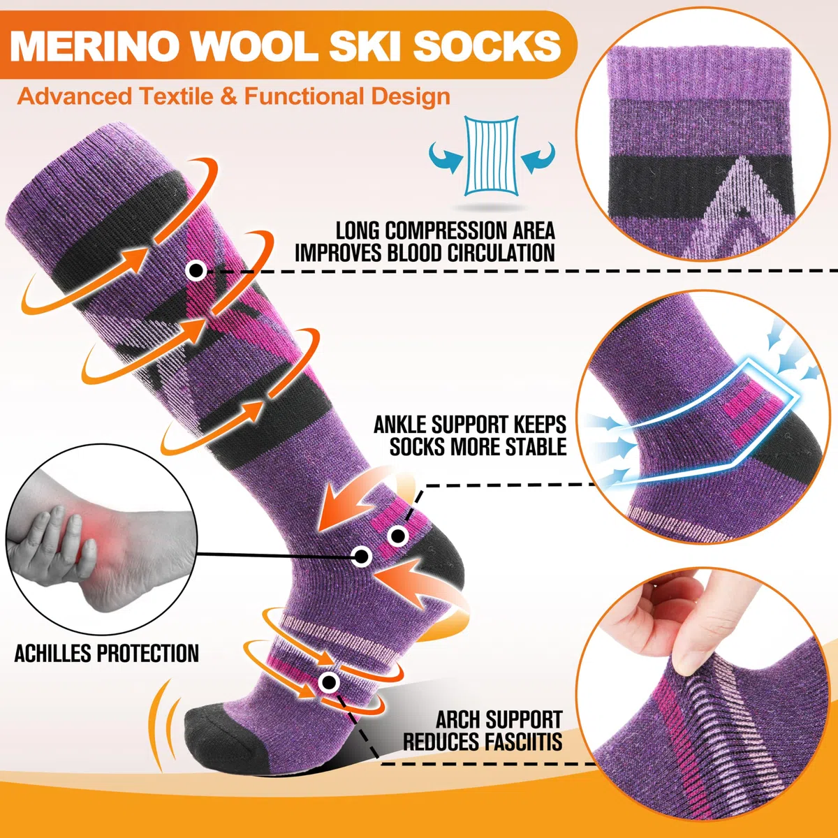 Welwoos Chaussettes de ski en laine mérinos, thermiques, épaisses, de compression, respirantes, en 3 paires.