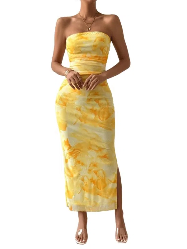 Robe Femme Sexy sans Bretelles Imprimé Tie Dye Robes Longue Tube sans Manches Elégant Robe Moulante D'éte Dos Nu Maxi Robes Fendue Casual Bodycon Prom Dress de Soirée Cocktail Clubbing Fête