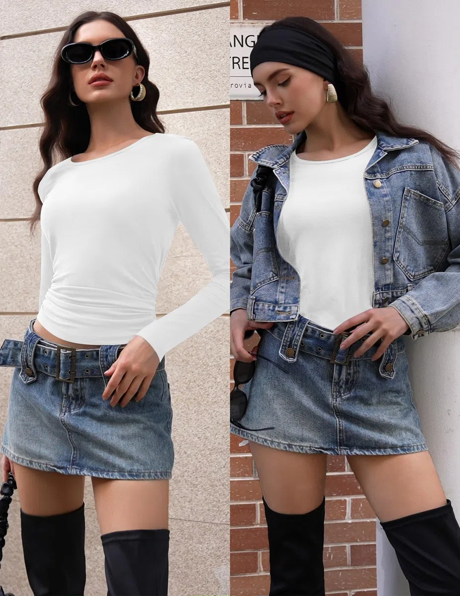 Ekouaer Tee Shirt à Manches Longues Femme Lot de 3 sous Vetement Thermique Elastique Top Haut Thermique Chauds, Noir + Bleu Gris + Blanc L