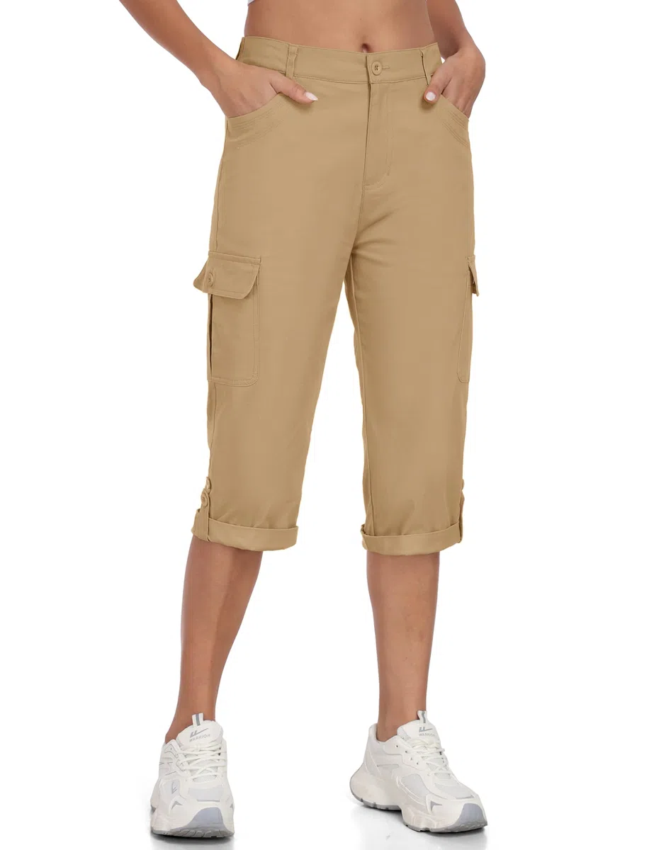 MoFiz Femme Cargo Pantalon Cotton Randonnée Capri Pants Taille Elastique Trekking Pantalon avec Poches
