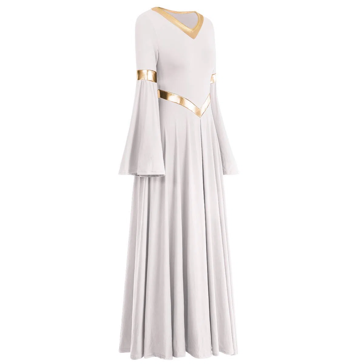 IMEKIS Women Liturgical Praise Dress Metallic Splice Lyrical Dance Dresses Long Sleeve V Neck Casual Pleated Swing Skirt Church Worship Prayer Gowns Ballroom Dancewear Costume