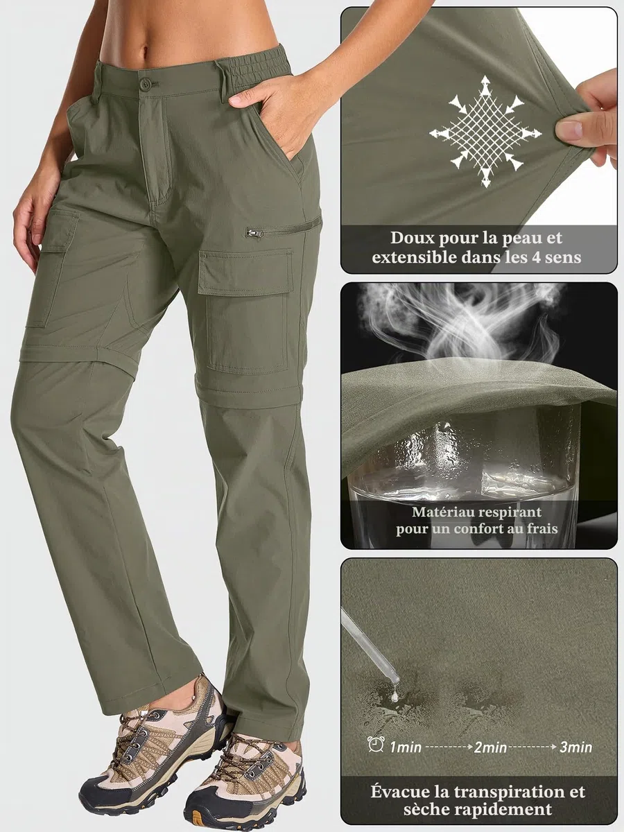 Pantalon de randonnée zippé pour Femme, Convertible léger à séchage Rapide pour Femme léger et Amovible, Respirant et à séchage Rapide idéal pour Le Safari, pour l'été et Le Travail