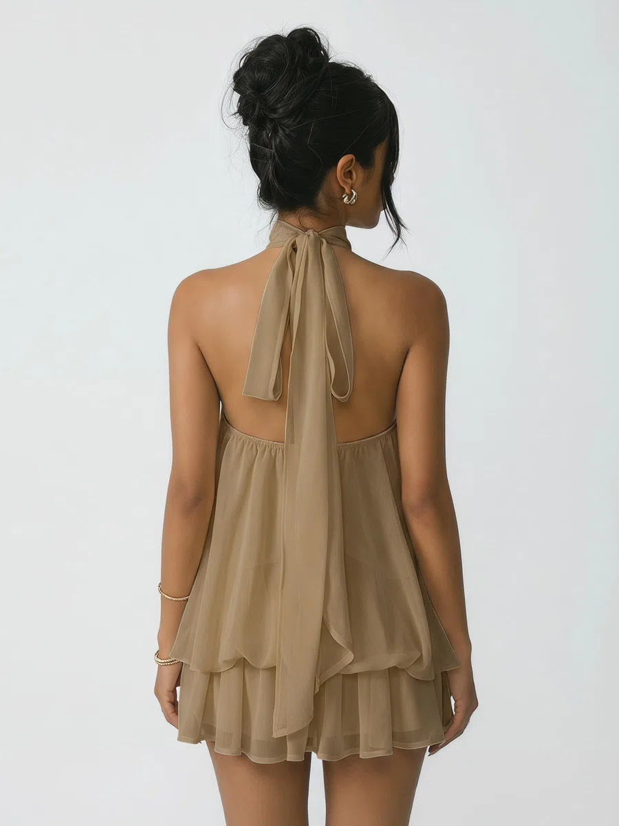 Robe Femme Chic et Elegant Été Robes Courte Ample Col Halter sans Manches Sexy Mini Robe Dos Nu à Nouer Casual Robes en Mousseline Volants Fluide Dresses pour Soirée Clubbing Plage Vacances