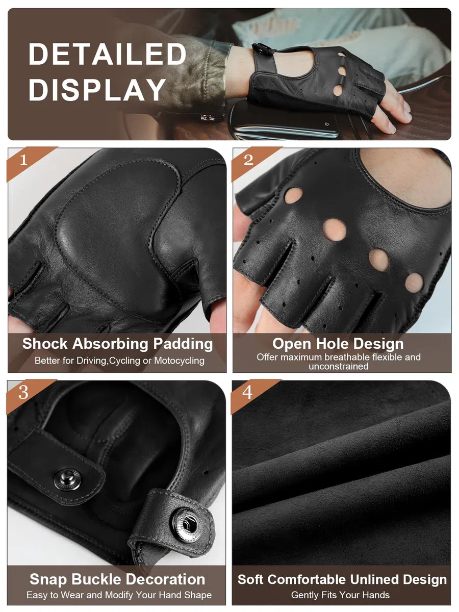 GSG SINCE 1998 Gants Sans Doigts en Cuir Véritable pour Homme Sans Doublure Demi-Doigts Dants de Conduite M161078