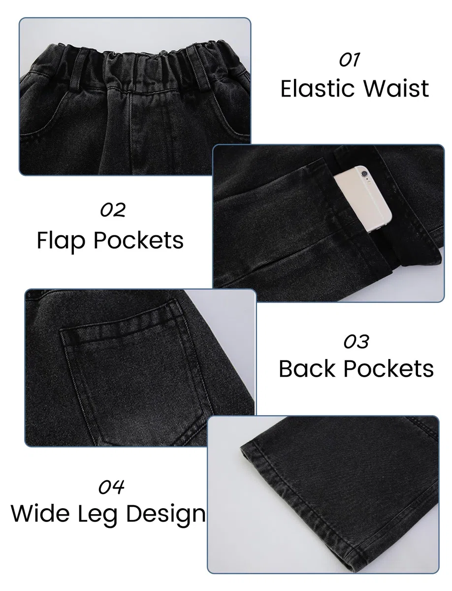 SEAUR Jeans Cargo Fille 5-16 Ans Mode Décontractés Y2K Pantalon en Demin Enfant Fille Jambe Large Jeans Ample Ados Fille