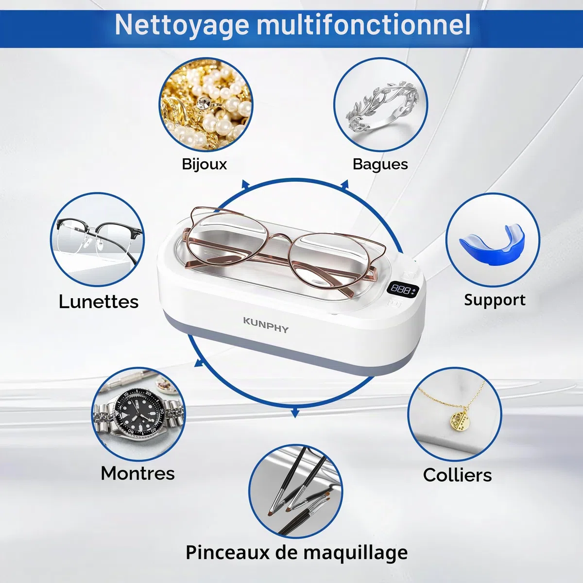 Kunphy Nettoyeur ultrasons, 48000 Hz Nettoyeur à Ultrasons 350 ML avec minuterie numérique, Ultrasonic Cleaner pour lunettes, bijoux, attelles dentaires, pièces de monnaie