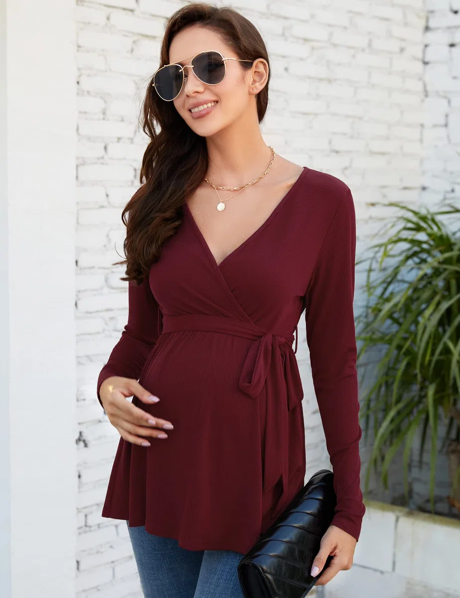 KOJOOIN Chemise d'allaitement pour Femme Chemise De Maternité Col en V À Manches Longues Hauts d'allaitement avec Ceinture Vêtements De Maternité