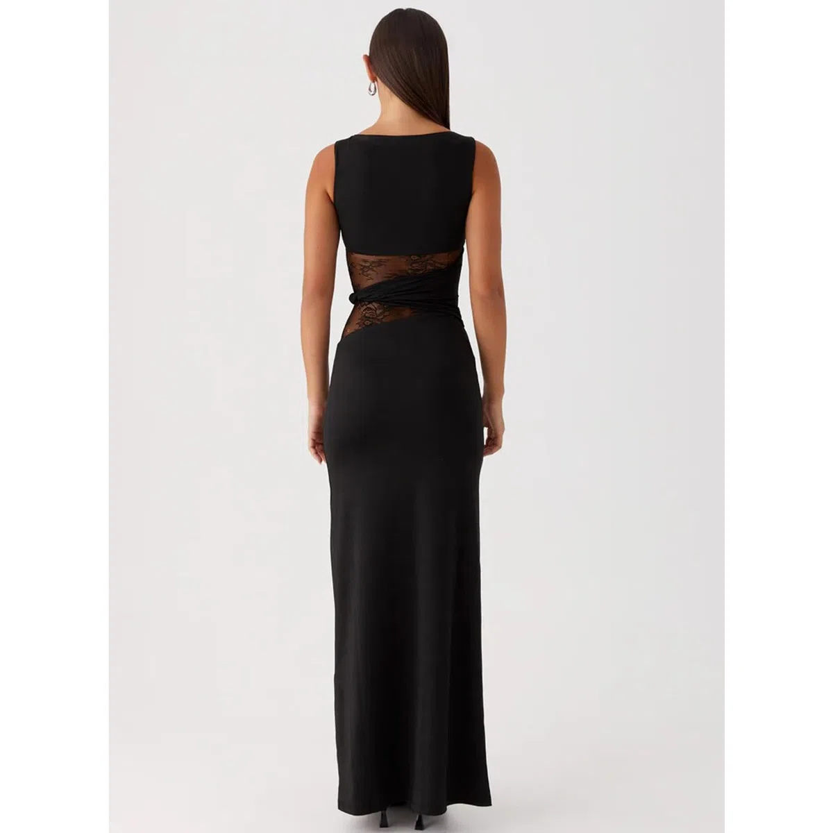 Robe Femme Sexy sans Manches Robes Longue Moulante à Col Rond Maxi Robe Transparente Dentelle Patchwork Robes de Cocktail Chic et Elégant Bodycon pour Clubbing Prom Fête Mariage Invité