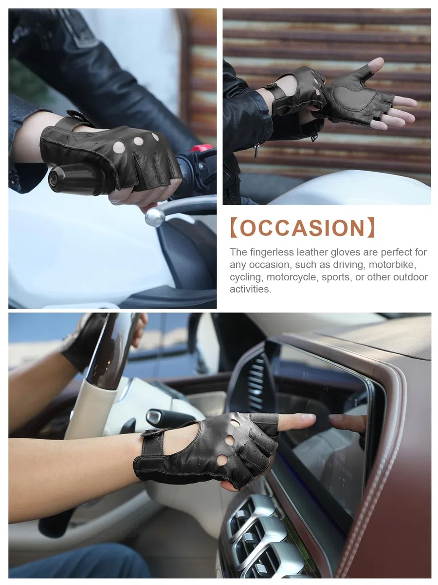 GSG SINCE 1998 Gants Sans Doigts en Cuir Véritable pour Homme Sans Doublure Demi-Doigts Dants de Conduite M161078
