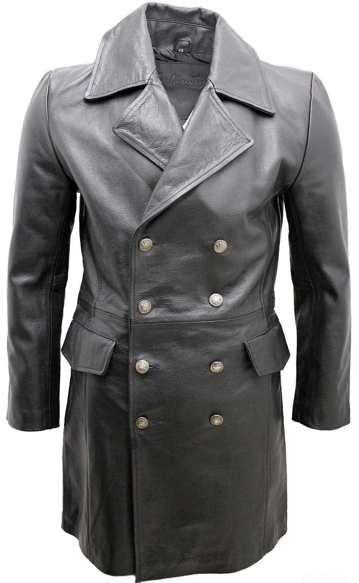 Infinity Hommes Général Longue Noir Manteau de Cuir Naval Allemand