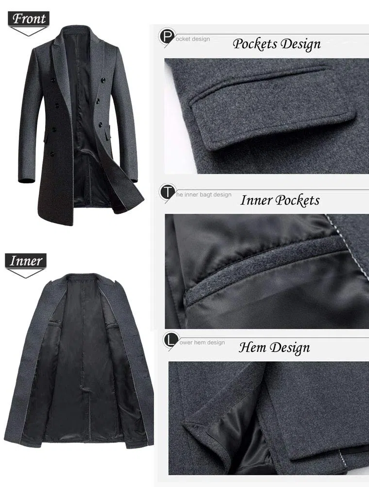 FTCayanz Manteau Homme Laine Trench Classique Business Parka Décontracté Mi-longue Duffle-Coat