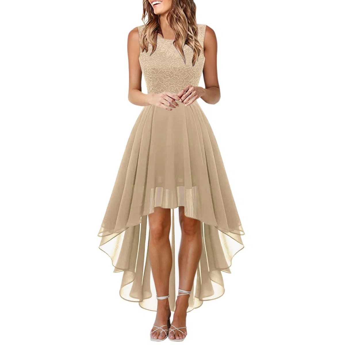 Robe de Cocktail Femme Longue Robes Soirée en Dentelle Mousseline de Soie Robes Chic Elégant sans Manches Sexy Robe Asymétrique