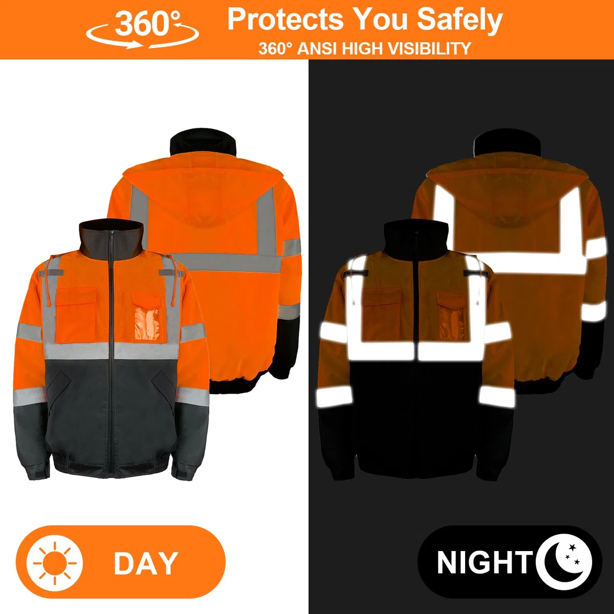 HYCOPROT Veste de Sécurité pour Hommes Veste Bomber Réfléchissante Haute Visibilité Vestes de Pluie Avec Poches de Travail Imperméables Gilets de Sécurité pour Temps Froid Normes EN ISO 20471