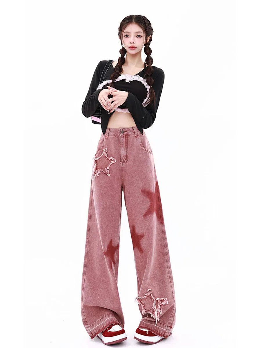 Automne Rose Jeans Femme High Street Rétro Étoile Brodé Doux Fille Style Pantalon Lâche Mode Pantalon Large Femme 2023-Rouge Rouille-M