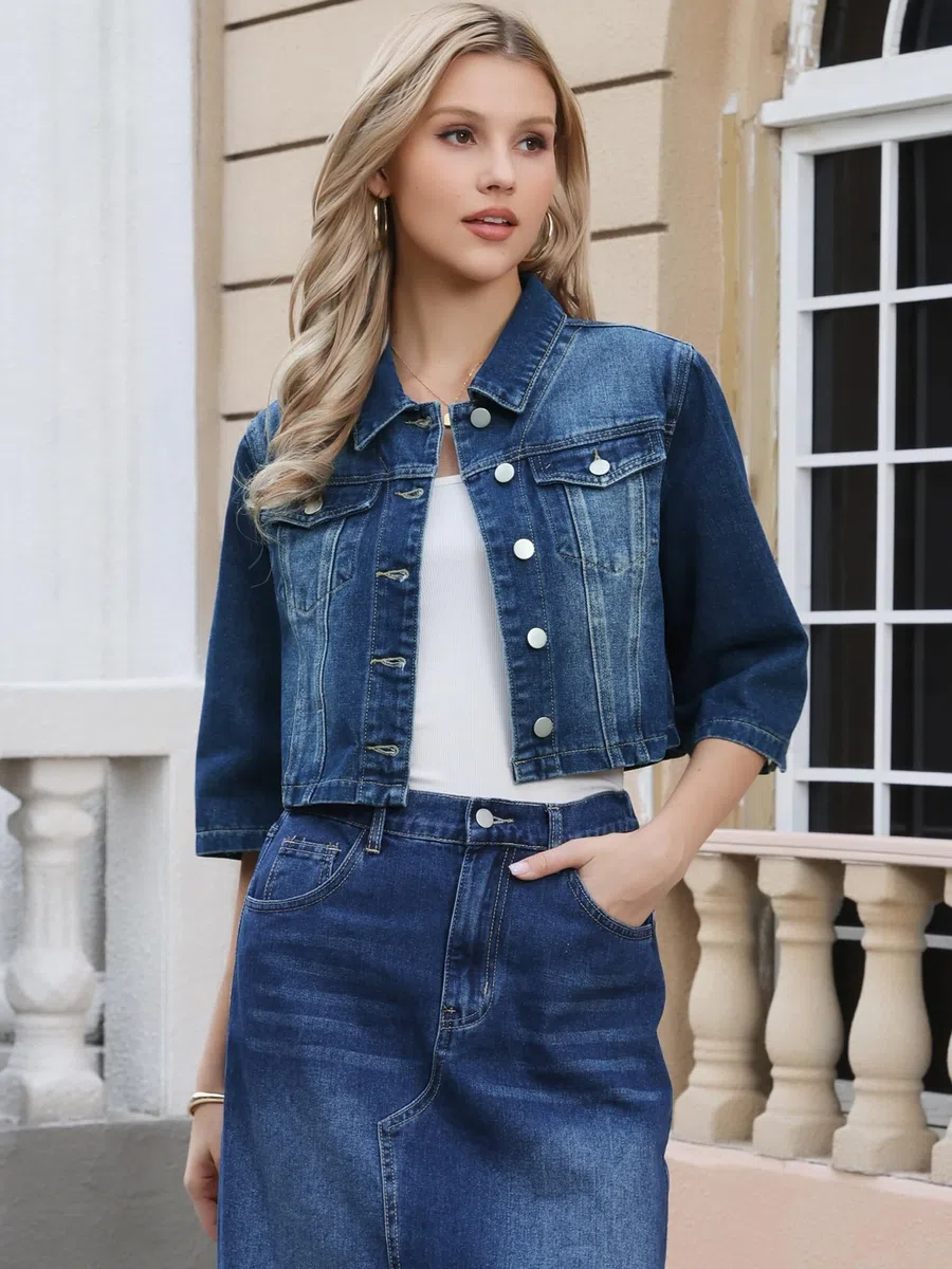 Allegra K Veste En Jean Femme Coupe Décontractée Col Boutonné Et Manches 3/4 Blouson Court En Denim