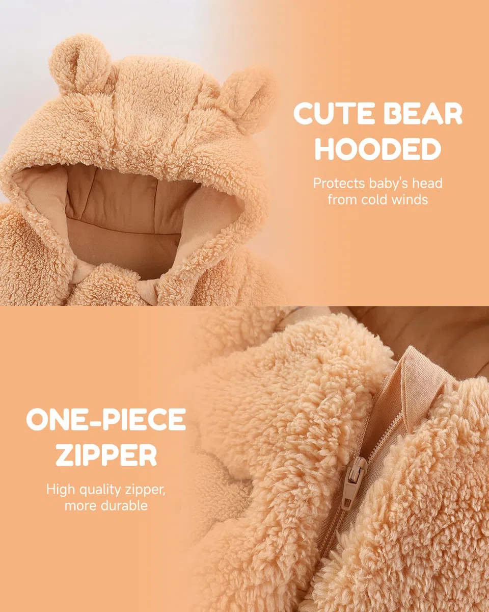 JiAmy Bébé Combinaison de Neige avec Capuche Grenouillère Tenues D'hiver Garçons Filles Bande Dessinée Ourson Barbotteuse Polaire 0-12 Mois