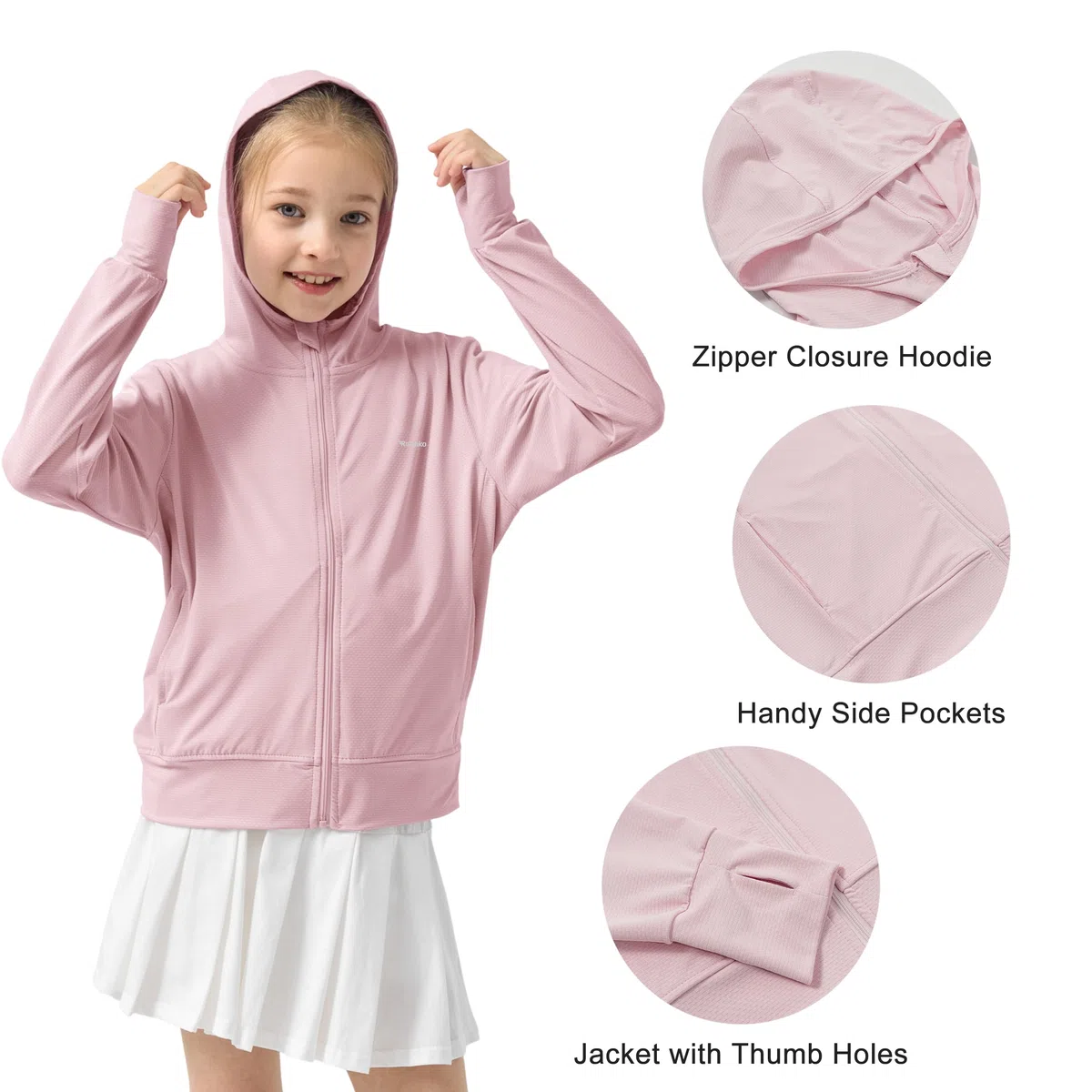 Rolanko Veste Fille à Manches Longues Protection Estivale Contre les Rayons UV Capuche à Séchage Rapide Avec Trous pour Les Pouce pour Enfants