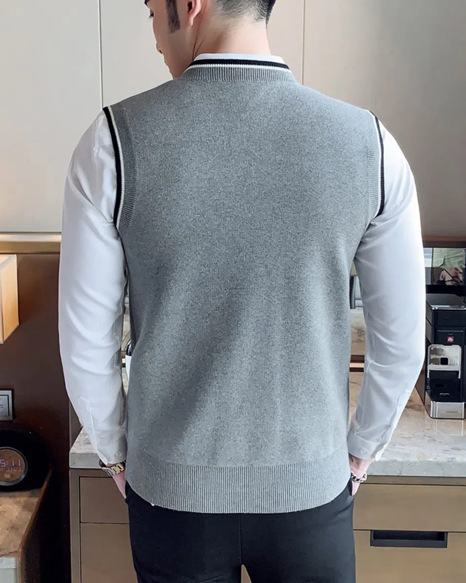 Pull sans Manches Homme Col V Gilet en Tricoté Casual Business Débardeurs Doublure Chaude