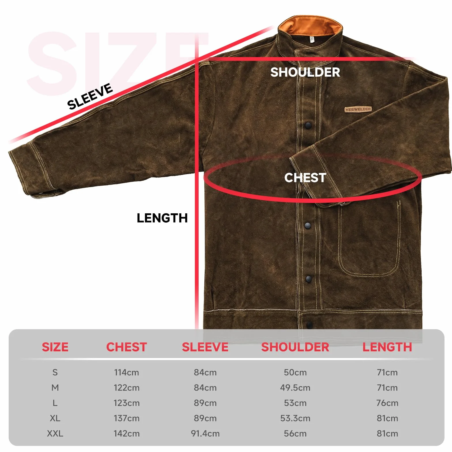 YESWELDER Veste de soudage en cuir Vestes de soudeur robustes pour hommes et femmes Manteau de soudage résistant à la chaleur et à la flamme