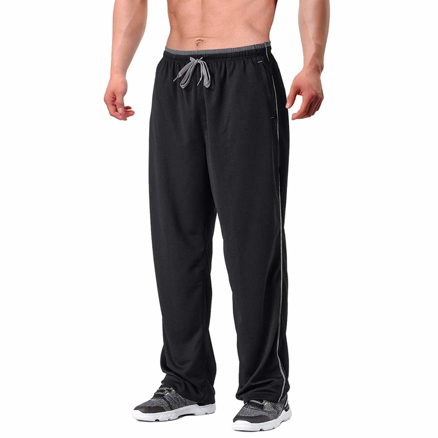 EKLENTSON Hommes Pantalon Survêtement Jogging Maille avec Poches Zippées Pantalon de Sport à Fond Ouvert