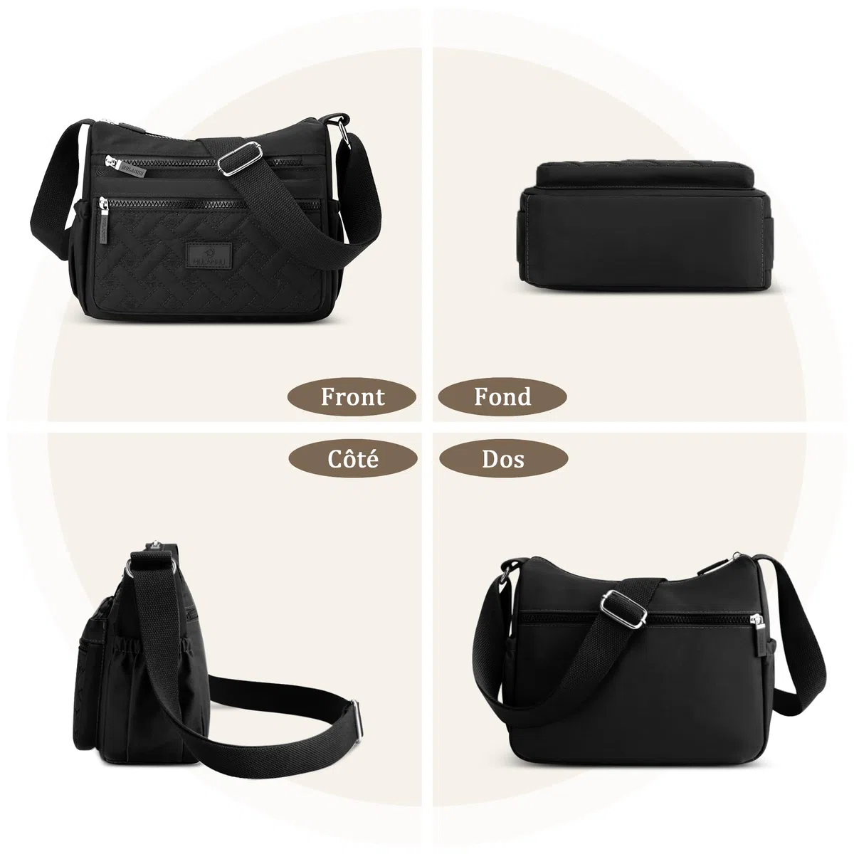 Femme Sac Bandoulière Multi-poches Sac Messenger Léger Résistant Polyester Sac à bandoulière pour Randonnée Voyages Noir