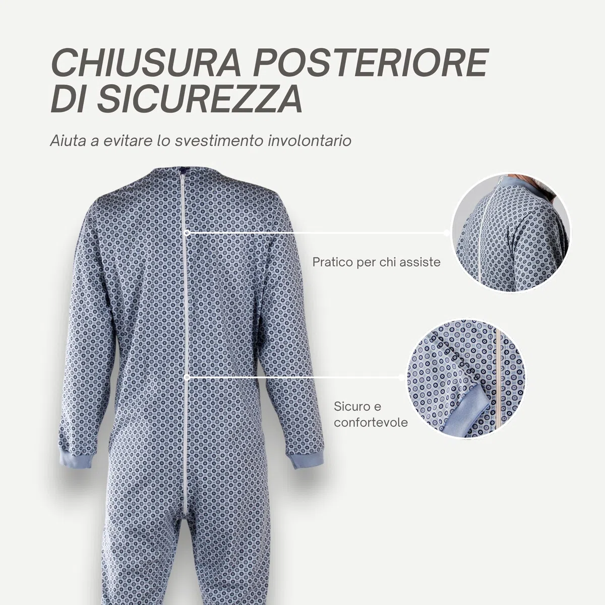 Pyjama intégral médical unisexe – Grenouillère adulte coton 100% – Pyjama dos zip seniors – Vêtements gériatriques confortables Made in Italy