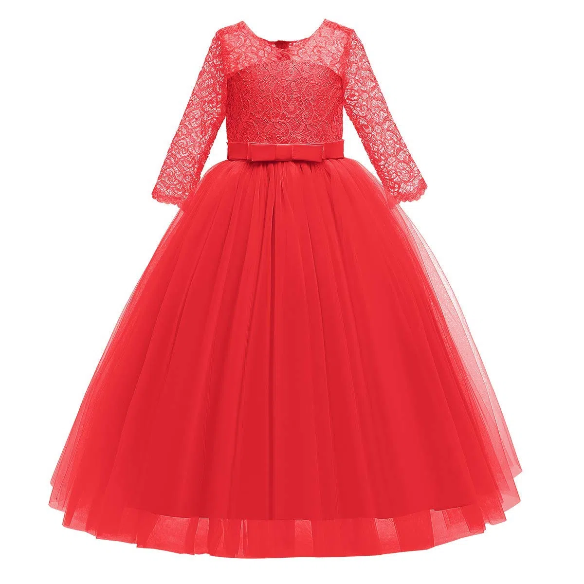 IWEMEK Enfants Fille Robe de Carnaval Princesse Longue en Dentelle avec Bowknot Demoiselle d'honneur Robe de Soirée Mariage Robe de Première Communion Anniversaire Fête Photographie 2-14 Ans