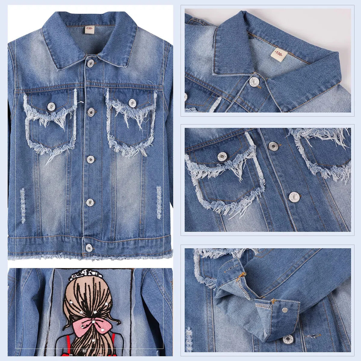 Veste Denim Enfant Fille Blouson Parka Mi-saison Manteau en Jean Enfant Imprimé de Dos de Fille pour Printemps Automne