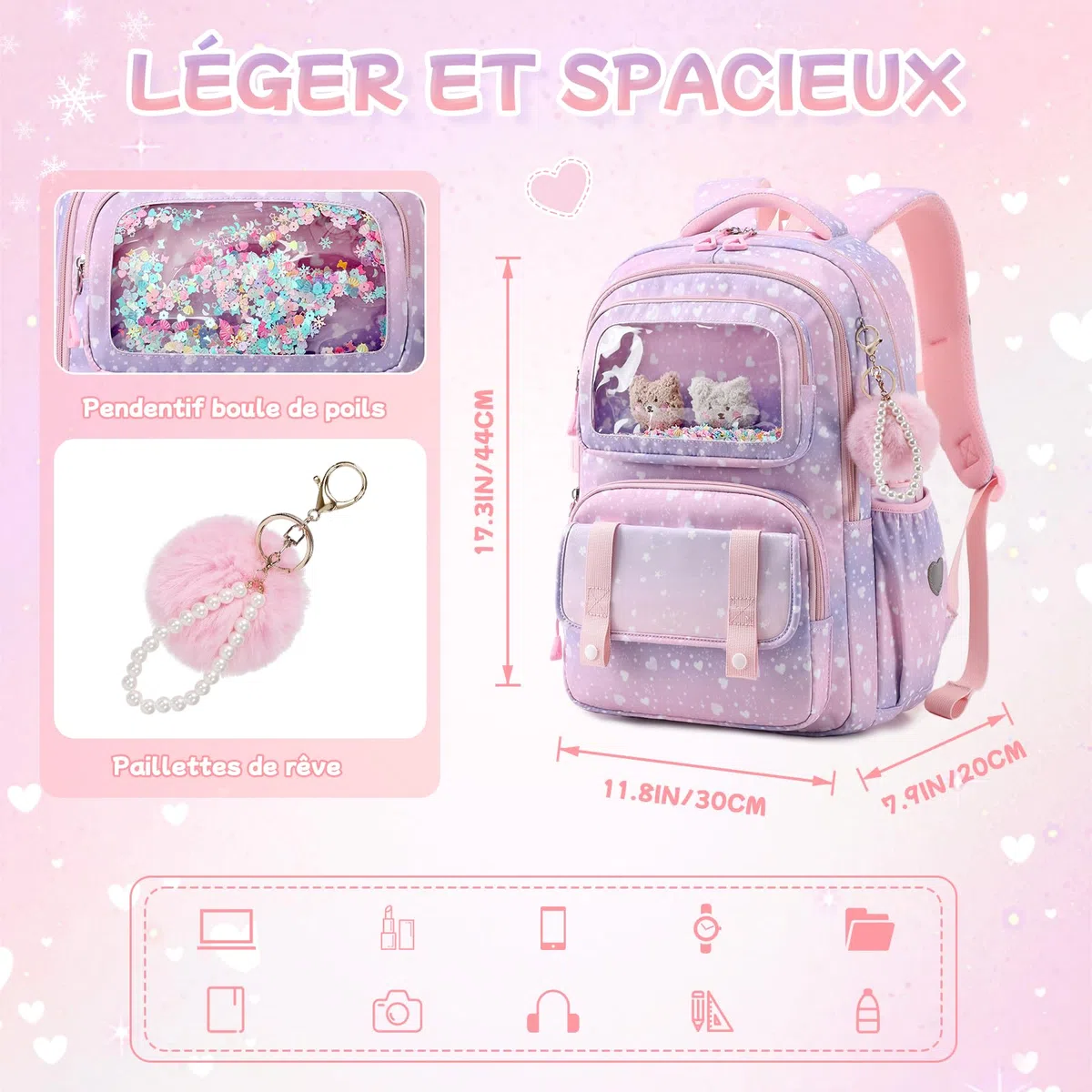 Sisipoet Sac à Dos Enfant Fille, Cartable Fille Primaire, Sac a Dos à Paillettes et Coeurs, Sacs à Dos Loisir Imperméable et Respirant avec Pompon pour L'école et Les Loisirs