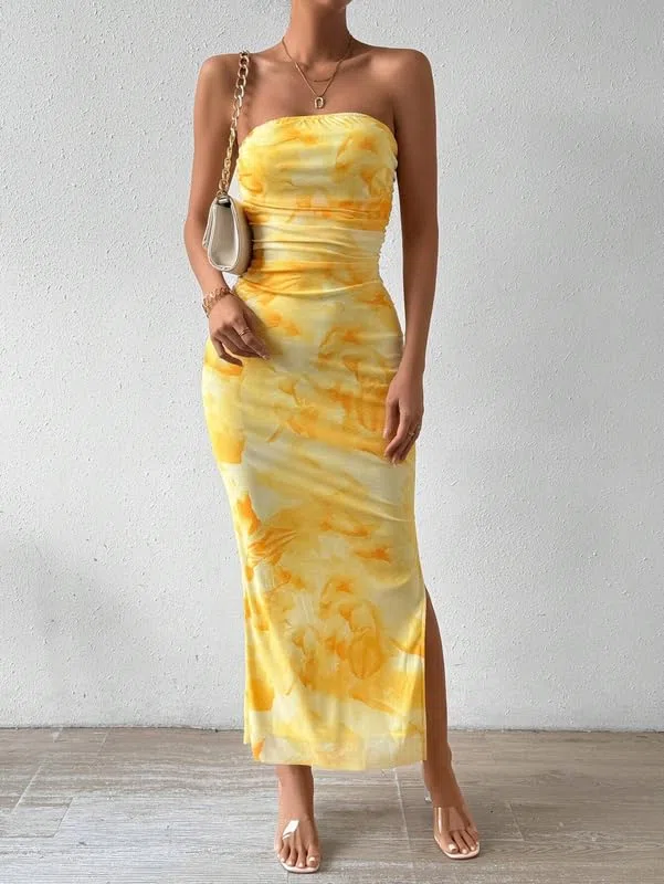 Robe Femme Sexy sans Bretelles Imprimé Tie Dye Robes Longue Tube sans Manches Elégant Robe Moulante D'éte Dos Nu Maxi Robes Fendue Casual Bodycon Prom Dress de Soirée Cocktail Clubbing Fête