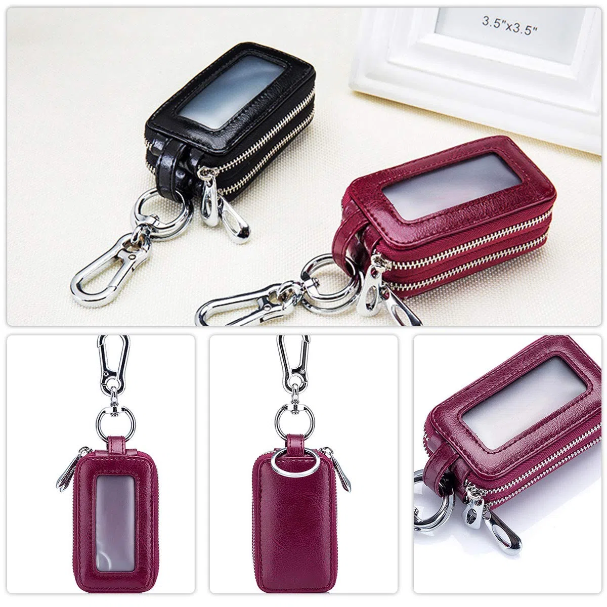 Etuis Porte Clés Véritable Cuir Voiture Clé Cas Portable Porte-Monnaie Car Key Case Rétro étanche Double Pochette Zippée Hommes Femme, Rose, L, Rose, L