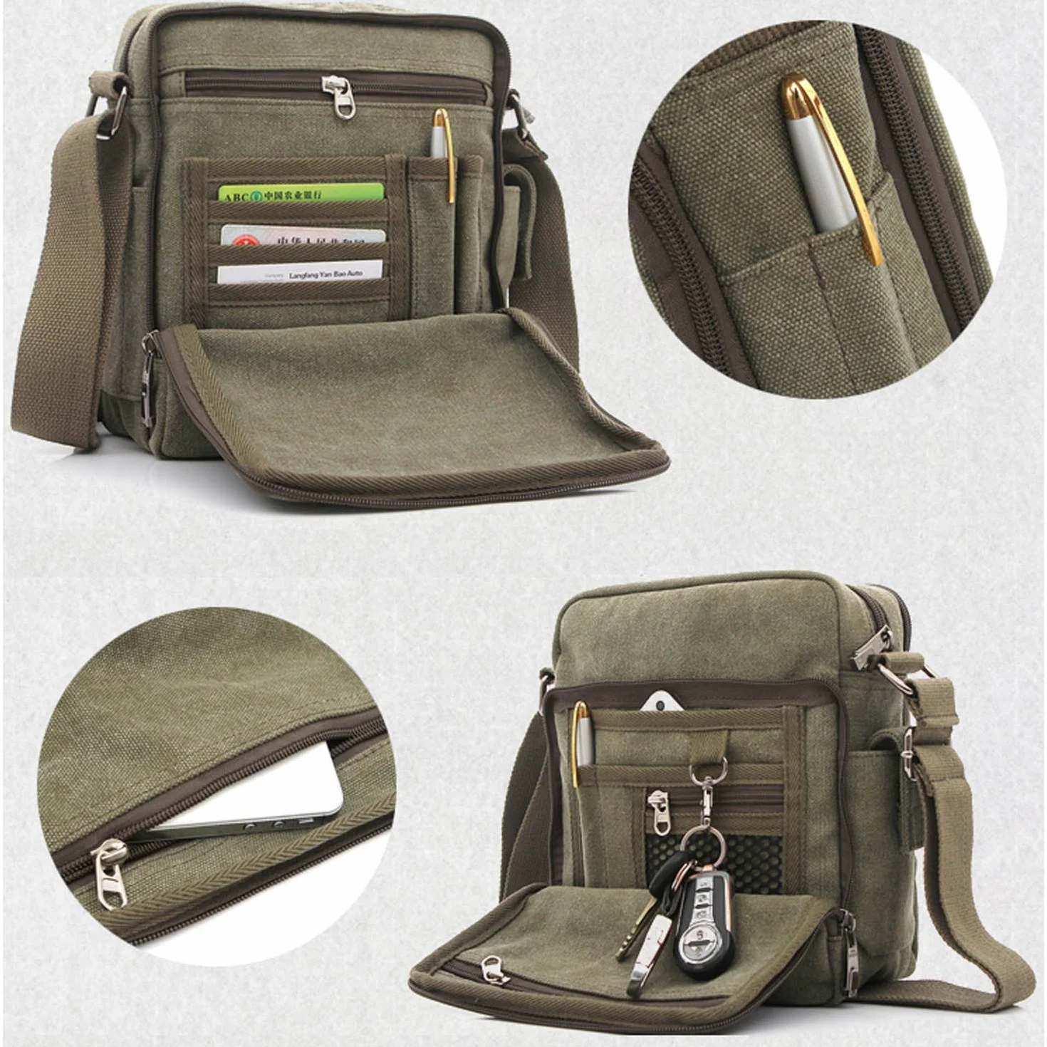 Sac bandoulière Homme Sac Besace Vintage Petit Porté épaule Sac en Toile Sacoche de Voyage pour école Université Cours Travail Sport Bourse Rétro Pochette Messager (Vert)