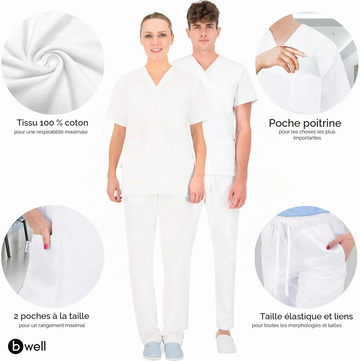 B-well Morelli 100% Coton Uniforme Médicale Unisexes Ensemble: Haut et Pantalons + Blouse Medicale Femme/Homme - Tenue Aide Soignante Professionnelle