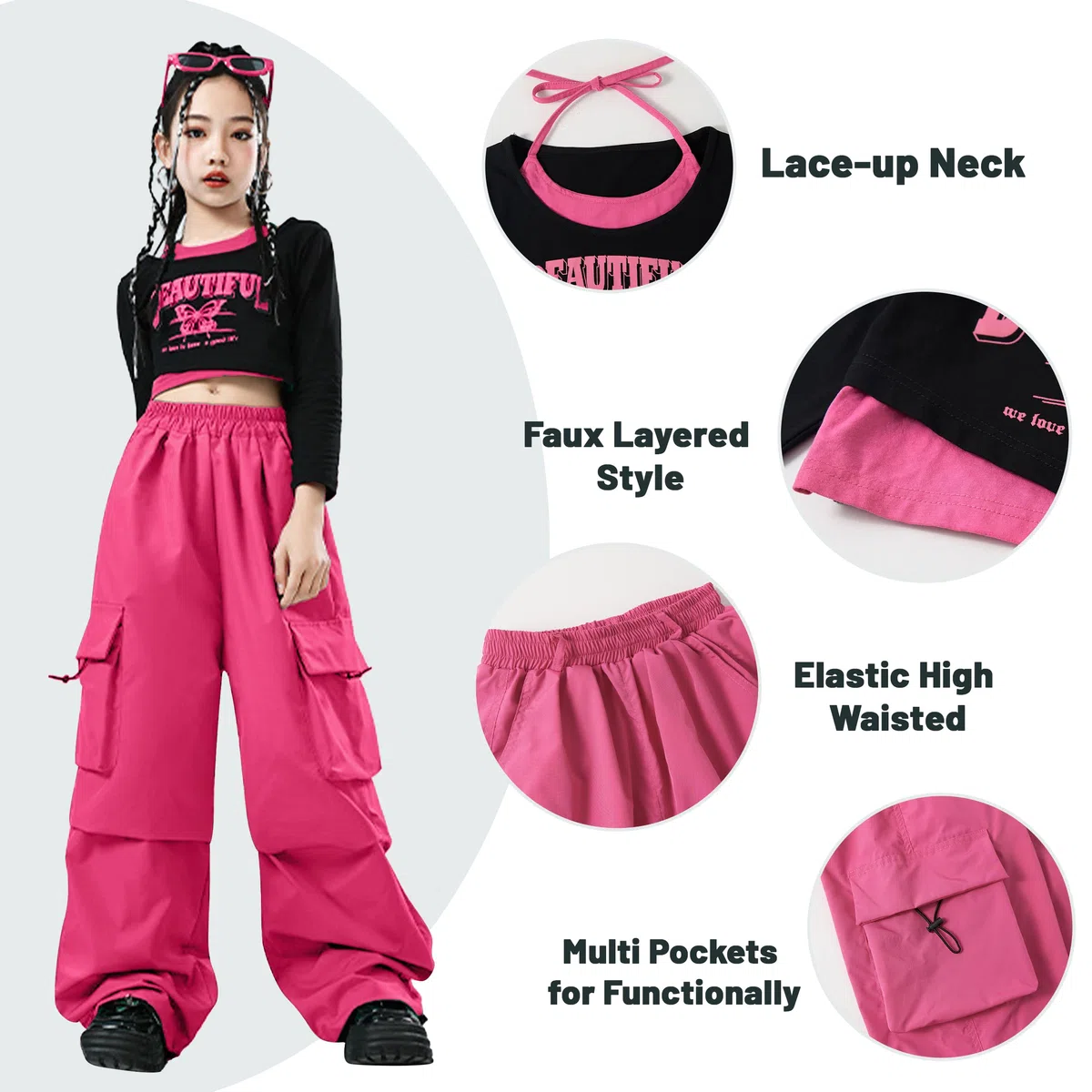 LOLANTA Ensemble Hip Hop Fille, Haut Court Imprimé & Pantalon Cargo, Tenue de Danse Tendance, Streetwear