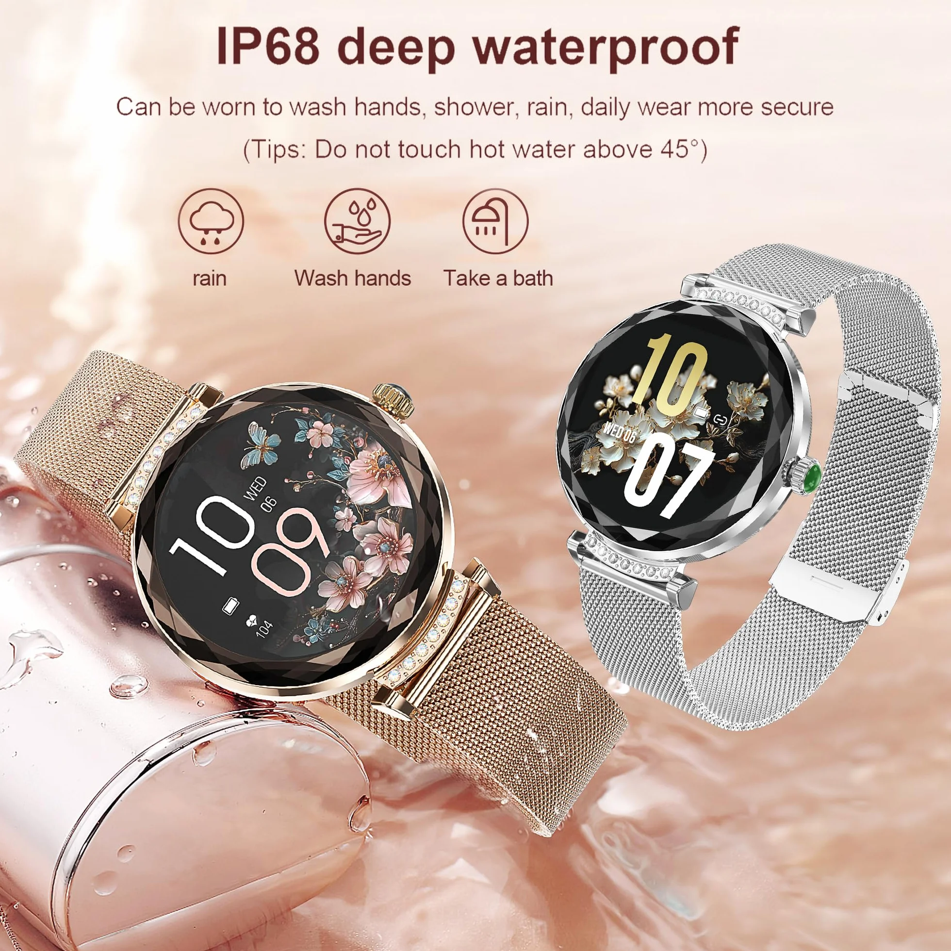 LONGLU Montre Intelligente pour Femmes avec Appel téléphonique Bluetooth pour iPhone et téléphones Android Tracker de Fitness Multi-Sport avec réponse/appels imperméable (Argenté)