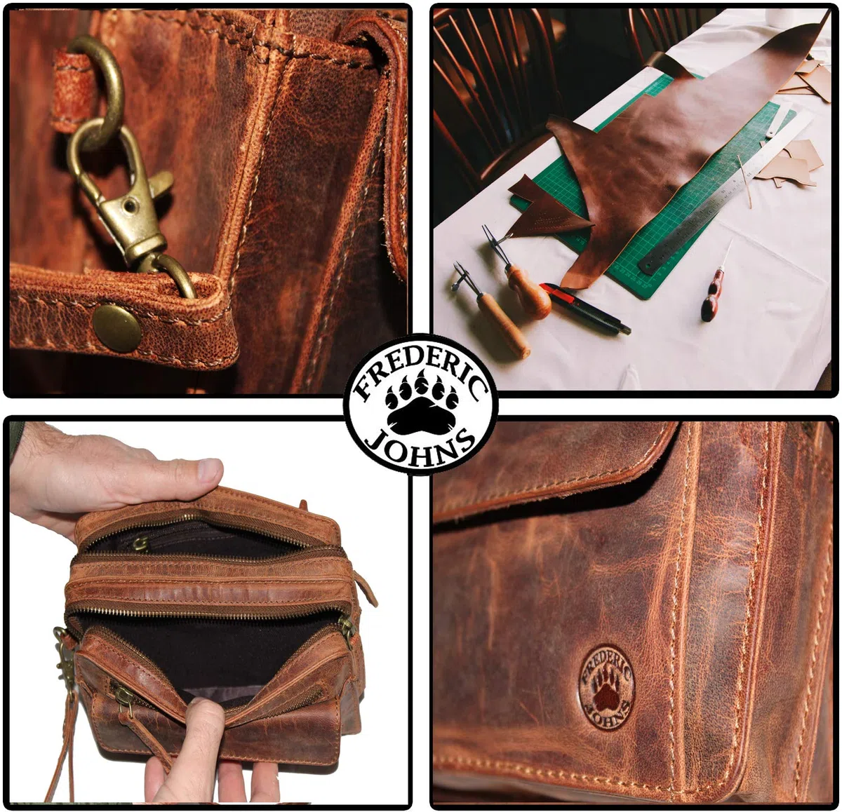 Frédéric Johns Sacoche vide poche cuir vintage homme - vide poches cuir véritable - sacoche vintage - sac dragonne main - sacoche porté main (Marron)
