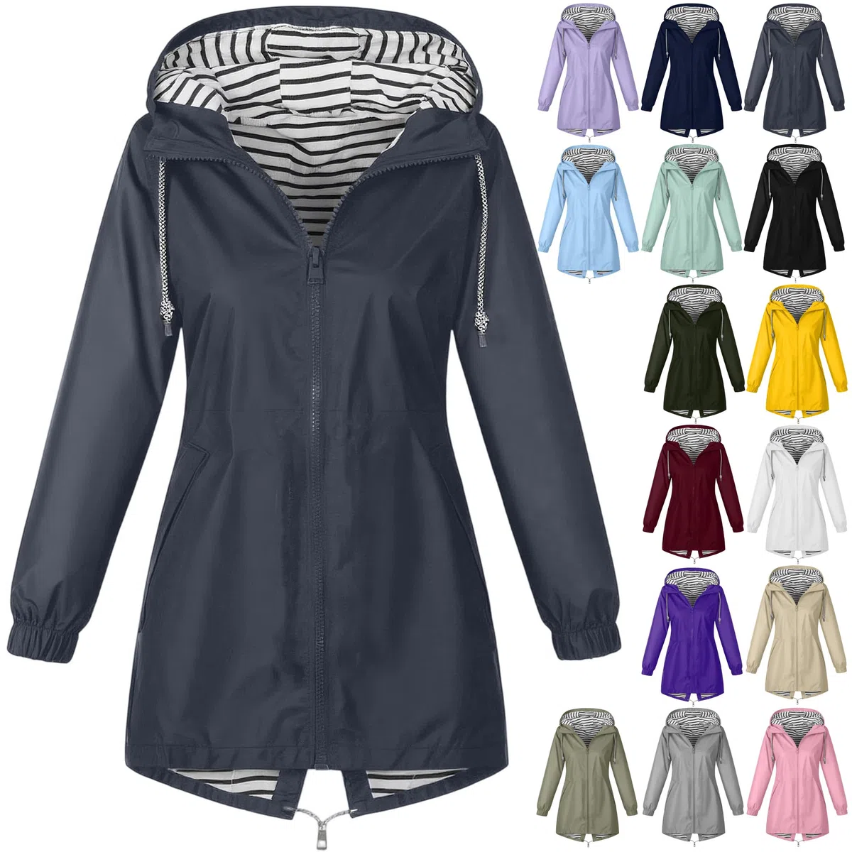 Veste Imperméable Femme À Capuche Léger Coupe-Vent Respirant Blouson de Pluie Mi-Saison Fermeture Éclair Poches Veste de Plein Air Randonnée Coupe-Vent Pliable Uni Quotidien Confortable Élégant