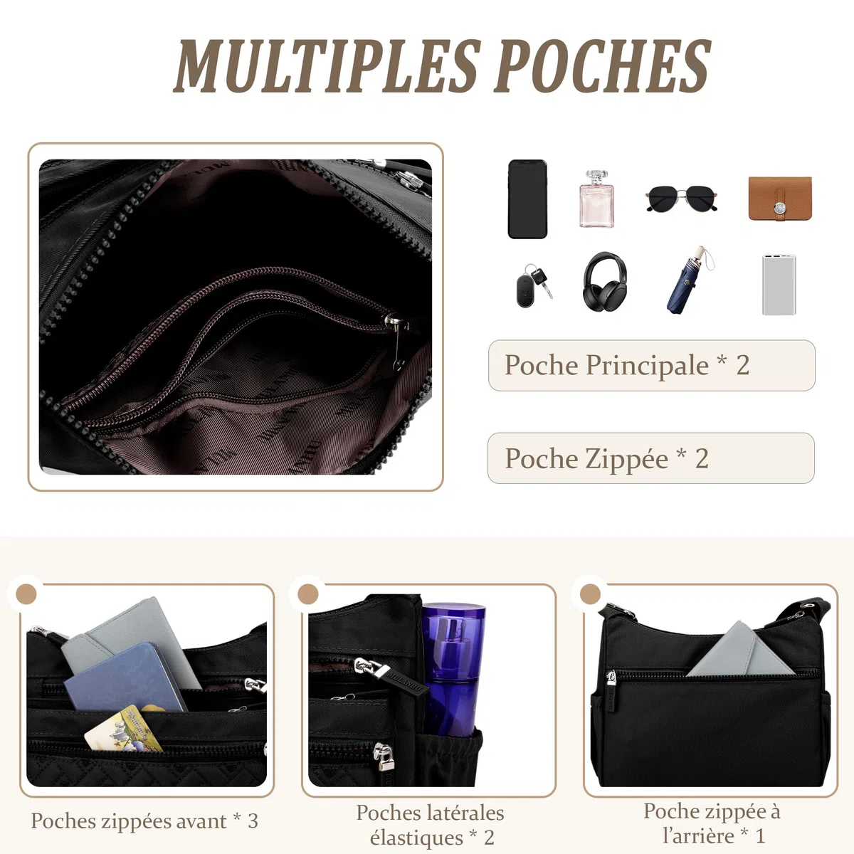 Femme Sac Bandoulière Multi-poches Sac Messenger Léger Résistant Polyester Sac à bandoulière pour Randonnée Voyages Noir