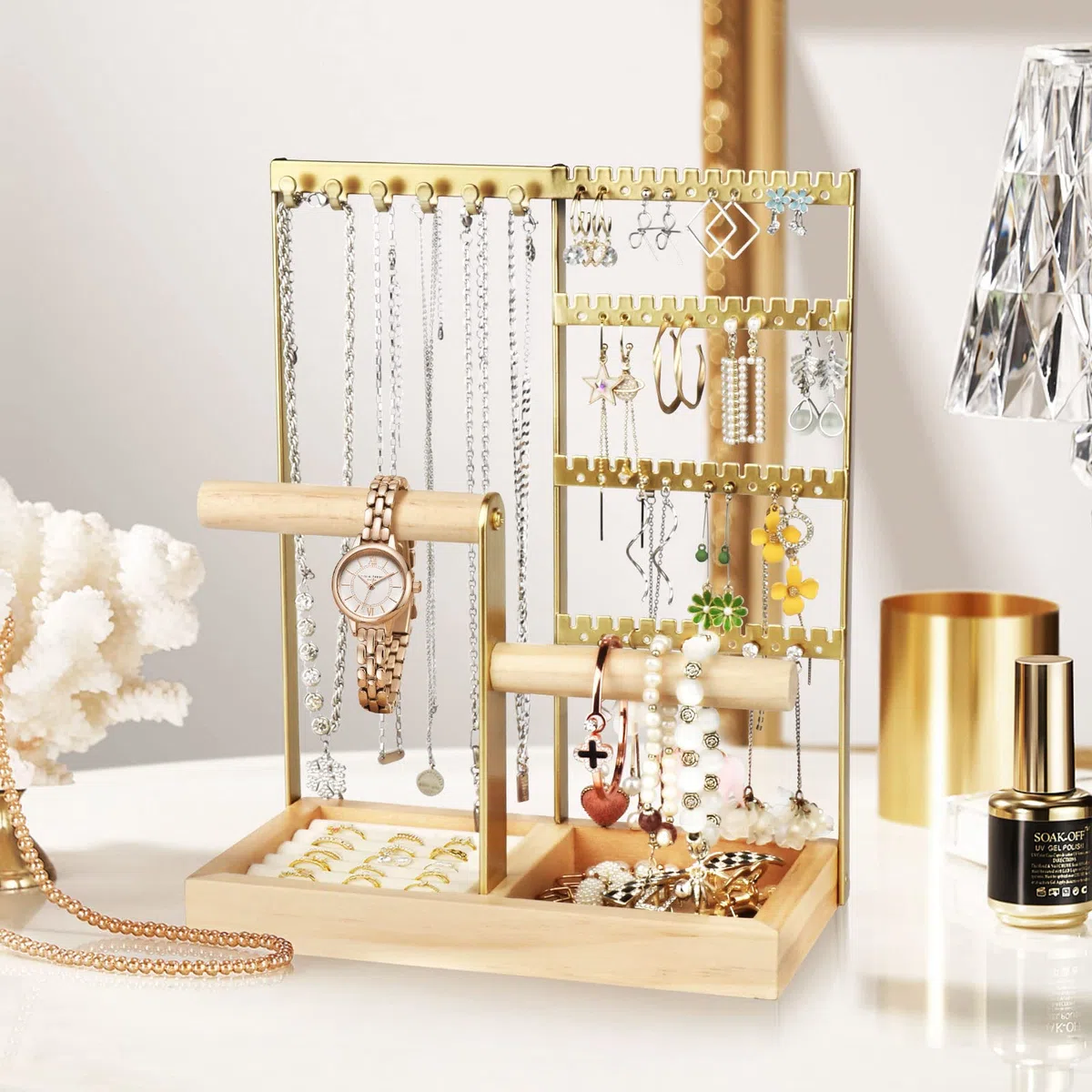 Présentoir à bijoux, Porte-bijoux multicouche pour colliers, crochets pour boucles d'oreilles, rangement pour bagues, boucles d'oreilles, bracelets, montres et accessoires (Or)